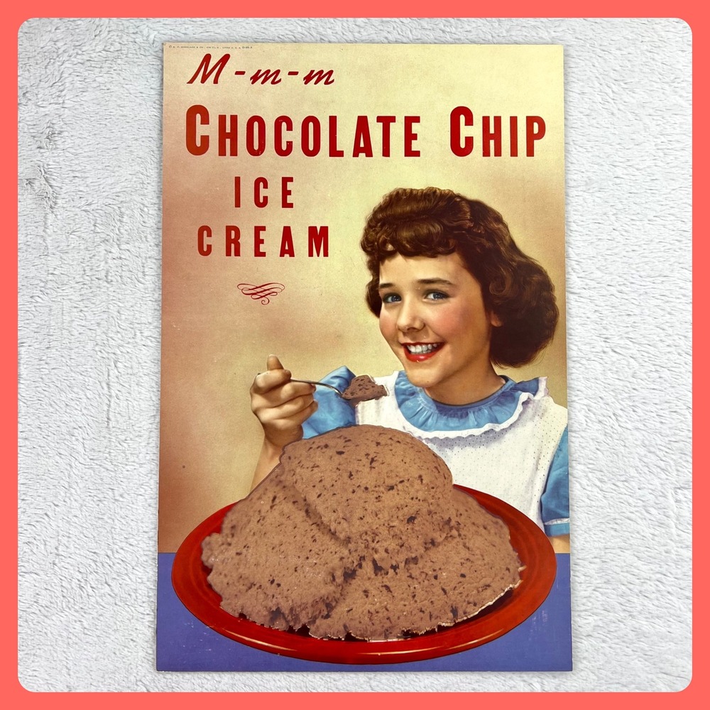 1950s Ice Cream‎ Vintage Advertising Sign 20" Cardboard Girl Chocolate Chip USA
